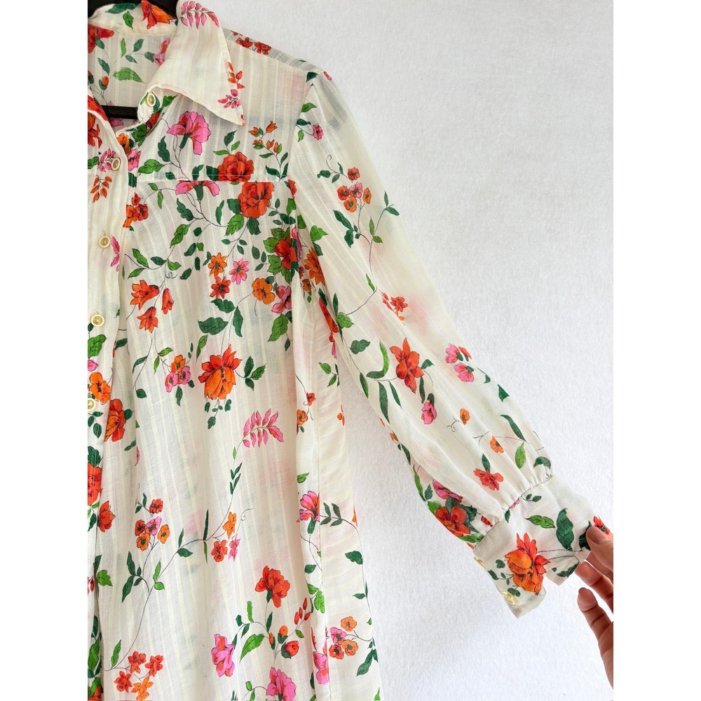 Vintage 70s Floral Striped Sheer Prairie Boho Mini Shirt Dress White Orange Pink - Picture 3 of 6